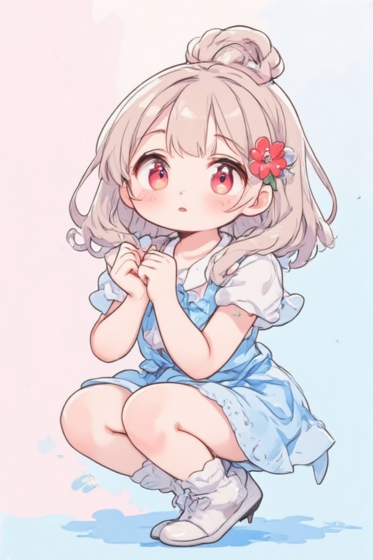 Animated image of an anime chibi girl with long light brown hair and a red flower. She is wearing a light blue dress with...