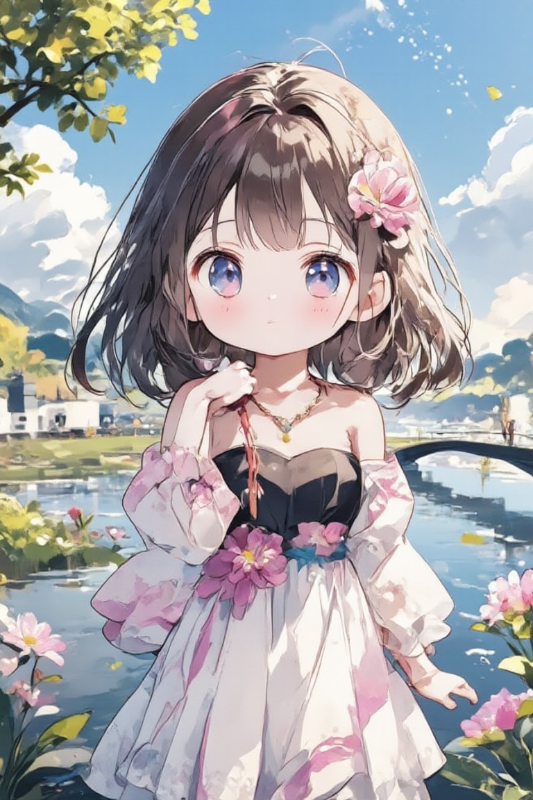 Animated image of a chibi girl with long brown hair and blue eyes. She is wearing a black strapless dress with a pink flow...