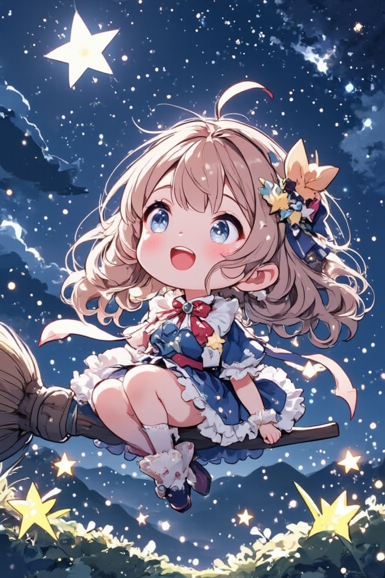 A masterpiece of whimsy and wonder: a chibi illustration of a loli wizardess sitting atop a magic broomstick under the rad...