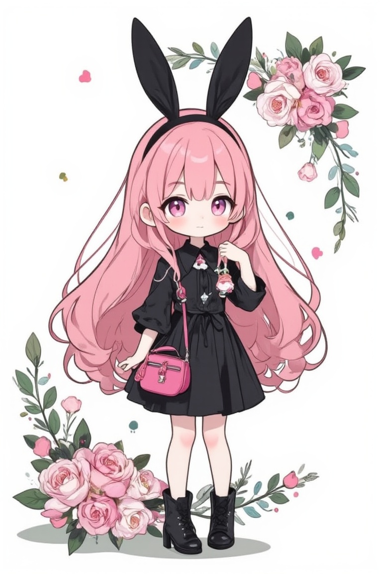 A chibi girl with long pink hair wearing a black dress and black boots. She is standing in front of a white background dec...