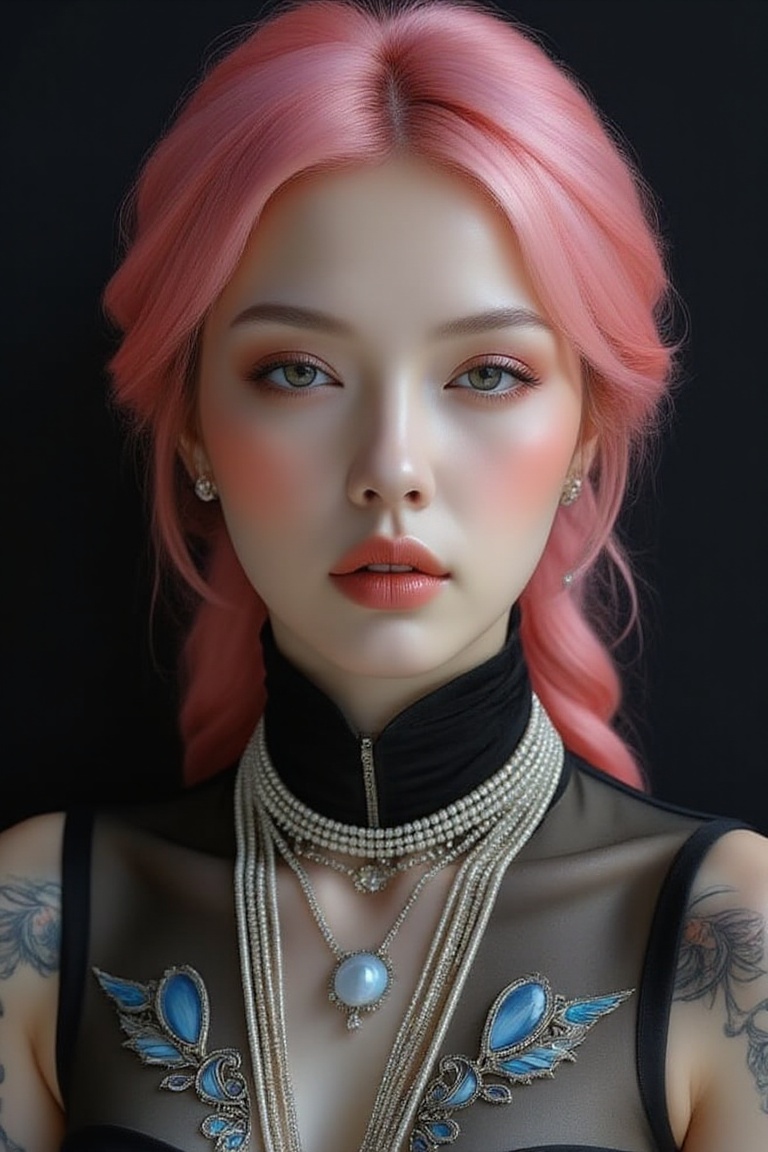 Cyberpunk beauty: a stunning lady with porcelain-white skin and pink hair,  showcased in a centered isometric illustration...
