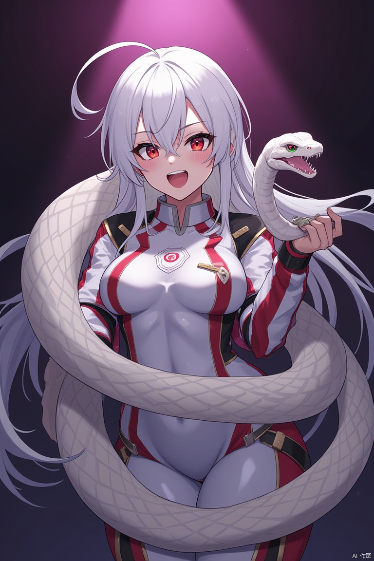 A female character with long white hair and a fierce expression on her face. She is wearing a futuristic outfit with a white and red color scheme. The outfit has a high neckline and long sleeves, and she is holding a large white snake in her hands. The snake is coiled around her body, with its head turned to the side and its mouth open, as if it is roaring. The background is dark and ominous, with a hint of purple and pink. The overall mood of the image is fierce and powerful.