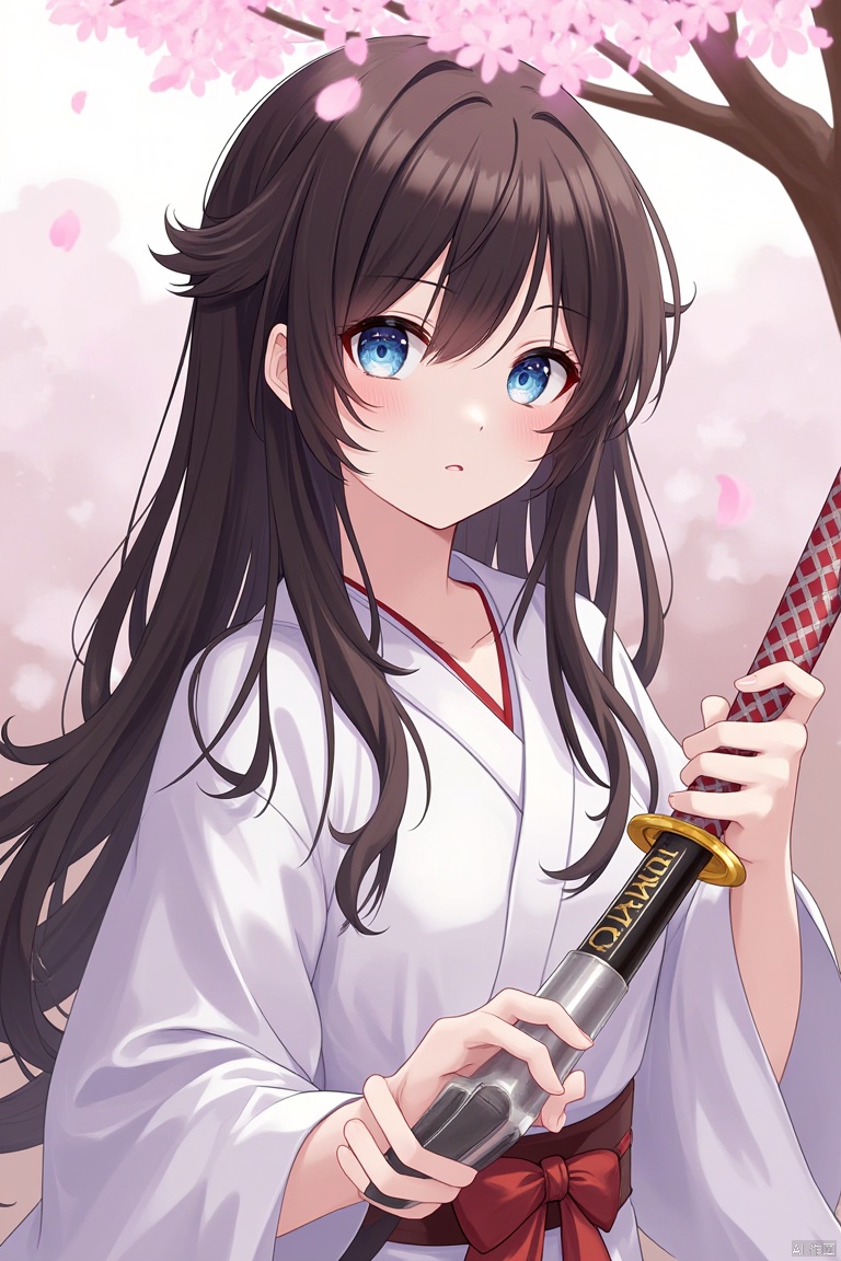 A girl with long dark brown hair, wearing a white kimono, adorned with a brown belt and a red bow. She is holding a sword in her right hand, with her left hand resting on the handle of the sword. Her eyes are a piercing blue, adding a pop of color to the scene. The background is blurred, revealing a tree with pink flowers.