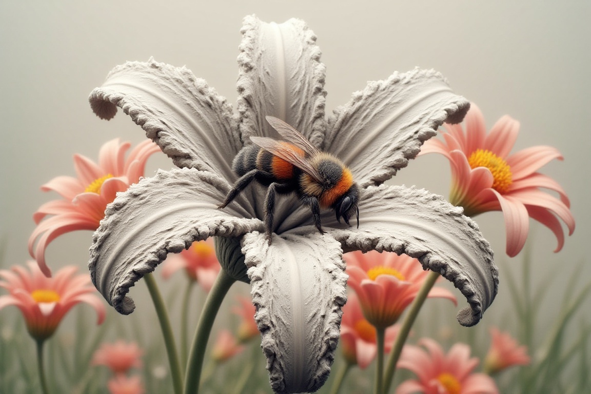 A highly detailed SponHumC0mbu5t style beautiful lily. The lily is completely made of ash. A beautiful vibrantly colourful...