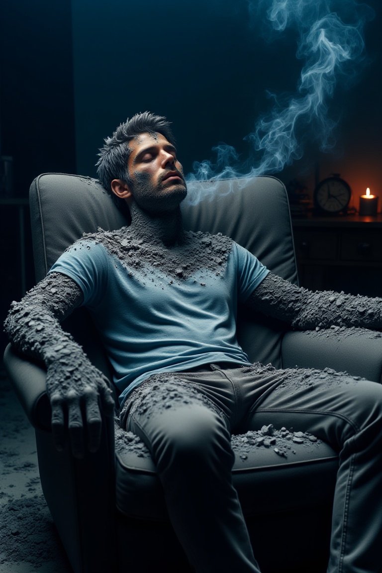 A young man in a dimly lit room is seated in a gray cushioned armchair with his eyes closed,  seemingly in a relaxed or me...
