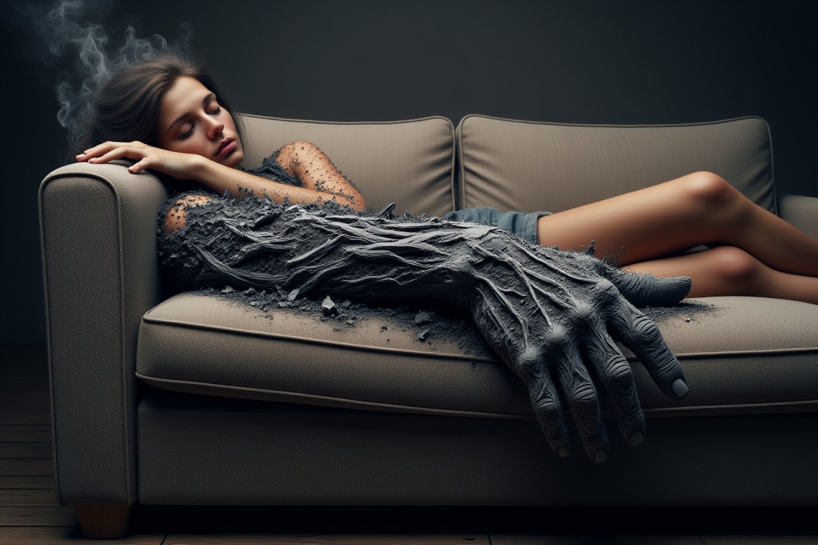 A highly detailed SponHumC0mbu5t style image of a woman laying on a sofa,  she is asleep with her left arm hanging over th...