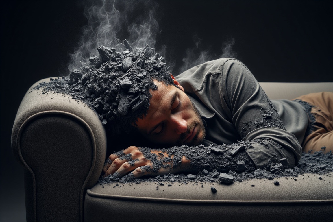 A highly detailed SponHumC0mbu5t style image of a man laying on a sofa,  his head has turned completely to ash on Tensor.Art