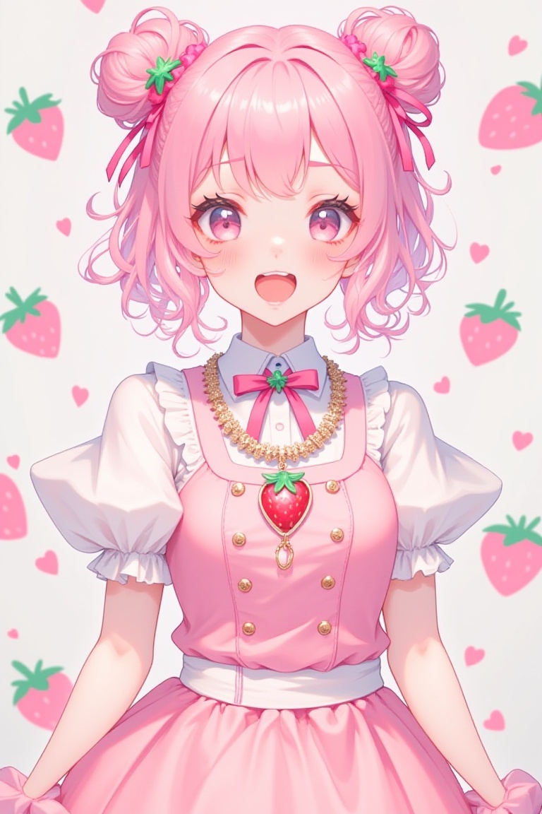 1 girl solo, ((strawberry)), pink hair buns, curly hair, cute dress, harajuku street fashion, decora fashion, beads and charms, many accessories, strawberry theme clothes, ,Kawaii, cute, pretty, anime,pastelz