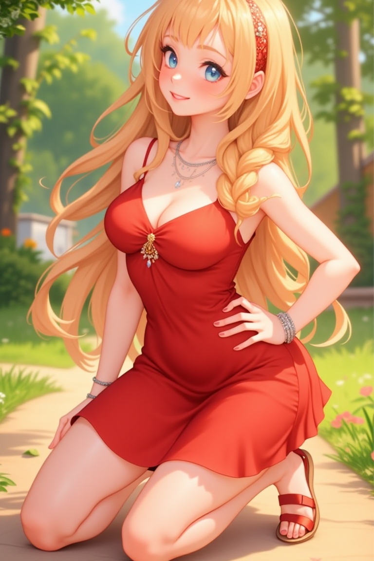 masterpiece, (best quality), vibrant colors ,natural lighting ,RTX, perfect proportions, beautiful, detailed face, (perfect eyes:1.1) ,(photorealistic:1.1), 8k uhd, outdoors, simple background, Layla Alstromeria, 1girl, solo, long hair, smile, blonde hair, dress, jewelry, braid, hairband, red dress, sandals, Kneeling with both hands on thighs,pastelz