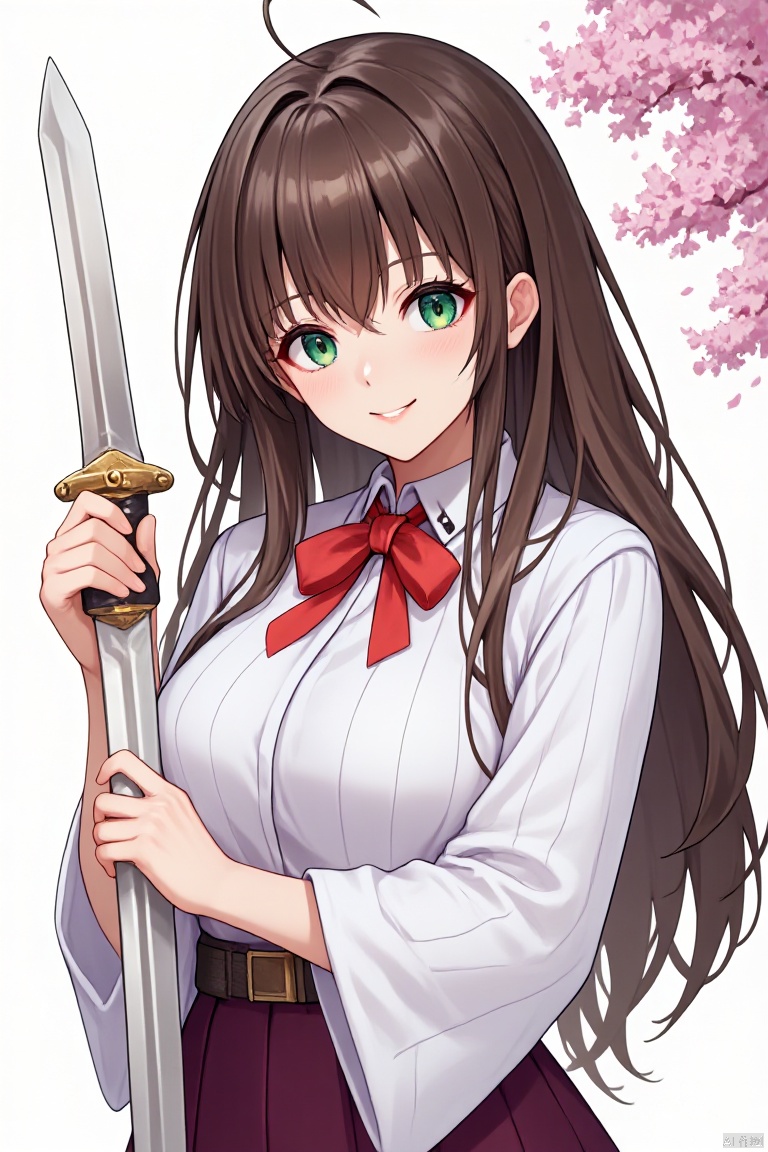 A girl with long dark brown hair, wearing a white kimono, adorned with a brown belt and a red bow. She is holding a sword in her right hand, with her left hand resting on the handle of the sword. Her eyes are a piercing blue, adding a pop of color to the scene. The background is blurred, revealing a tree with pink flowers.