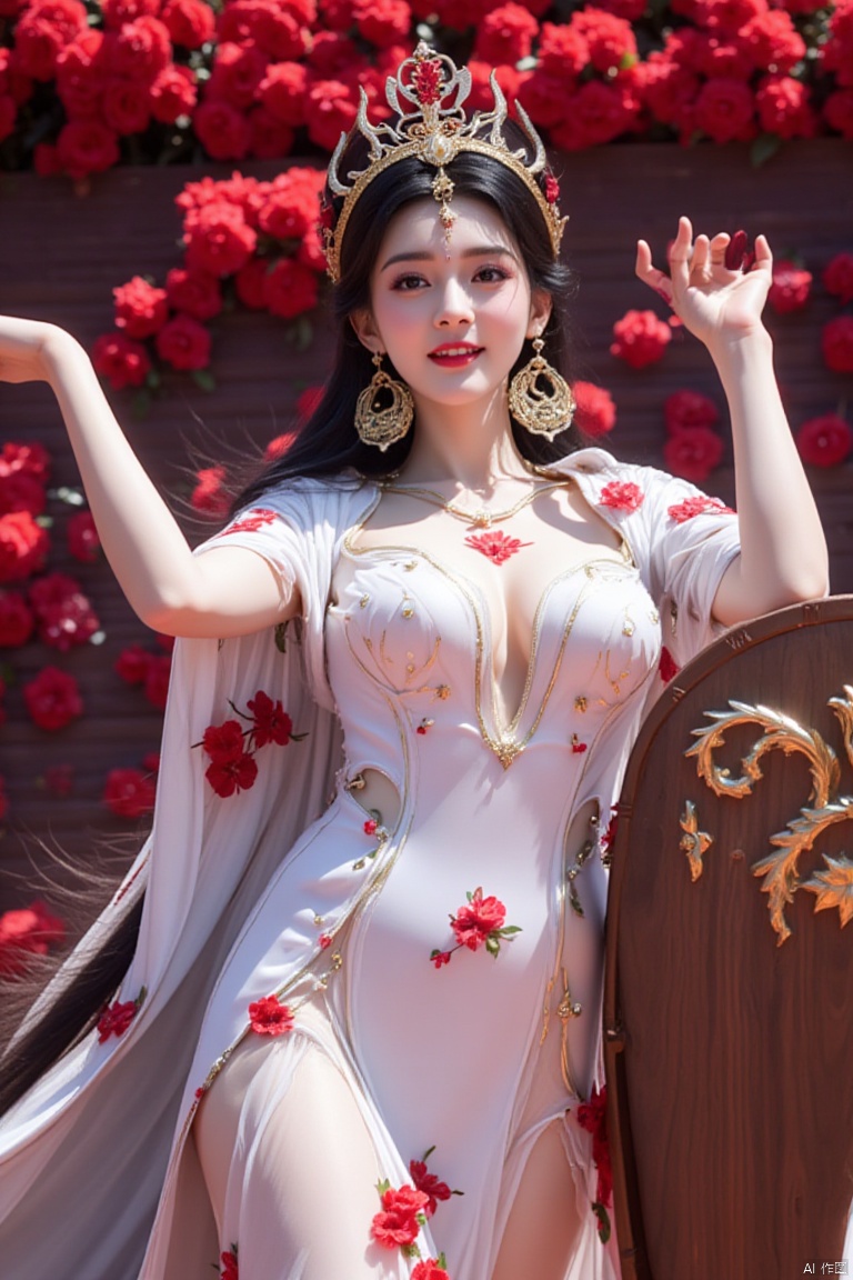An woman in a white dress with a crown on her head. The woman's dress is adorned with red flowers and gold accents. She has long black hair and gold earrings. She is standing in front of a backdrop of red flowers. Her arms are raised in the air and she is holding a brown shield in her right hand. The shield has gold accents on it.