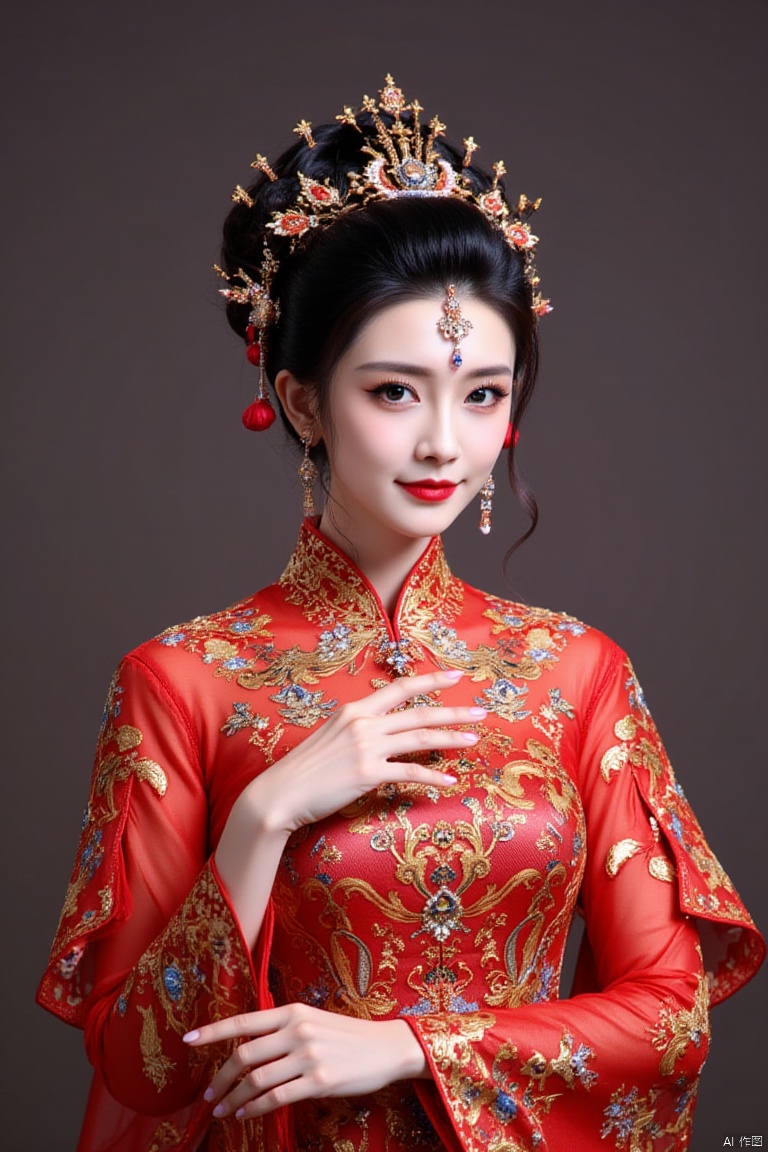 A woman adorned in an elaborate traditional Chinese outfit. She wears a striking red dress with intricate golden embroidery featuring floral patterns. Her hair is styled in a classic Chinese manner,secured with ornate accessories that include jeweled pins and combs. The woman's makeup is reminiscent of ancient Chinese beauty standards,characterized by vibrant red lips and subtle eye shadow. She poses gracefully,her hand lightly touching her chest,conveying a sense of serenity and elegance.,
