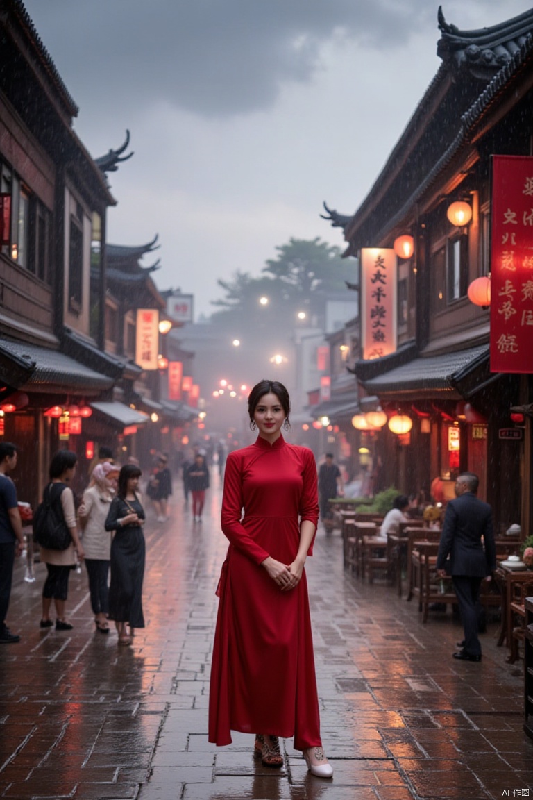 A scene full of Eastern style,featuring a young woman in a red qipao at the center. Her hairstyle is short and neat,and her face is calm. She stands on a wet stone path,with ancient buildings on both sides decorated with red lanterns and signs. The style of these buildings suggests that this may be a historic district. It is raining in the sky,and raindrops are falling,creating a hazy beauty. Behind the woman is a busy street,with people walking and chatting,some busy with their activities. The lights on the street and the rain reflect each other,giving a sense of tranquility and liveliness.,
