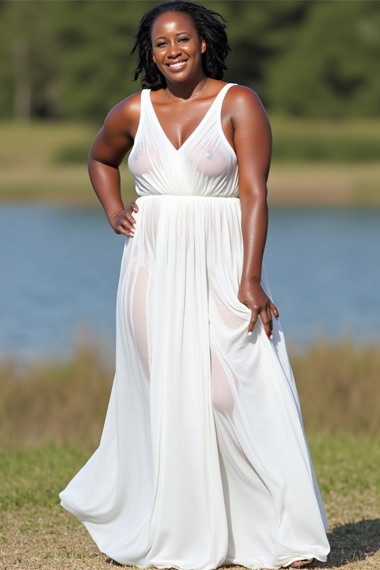 african woman wearing a wet wedding dress,  standing outdoors,  lake in the background on Tensor.Art
