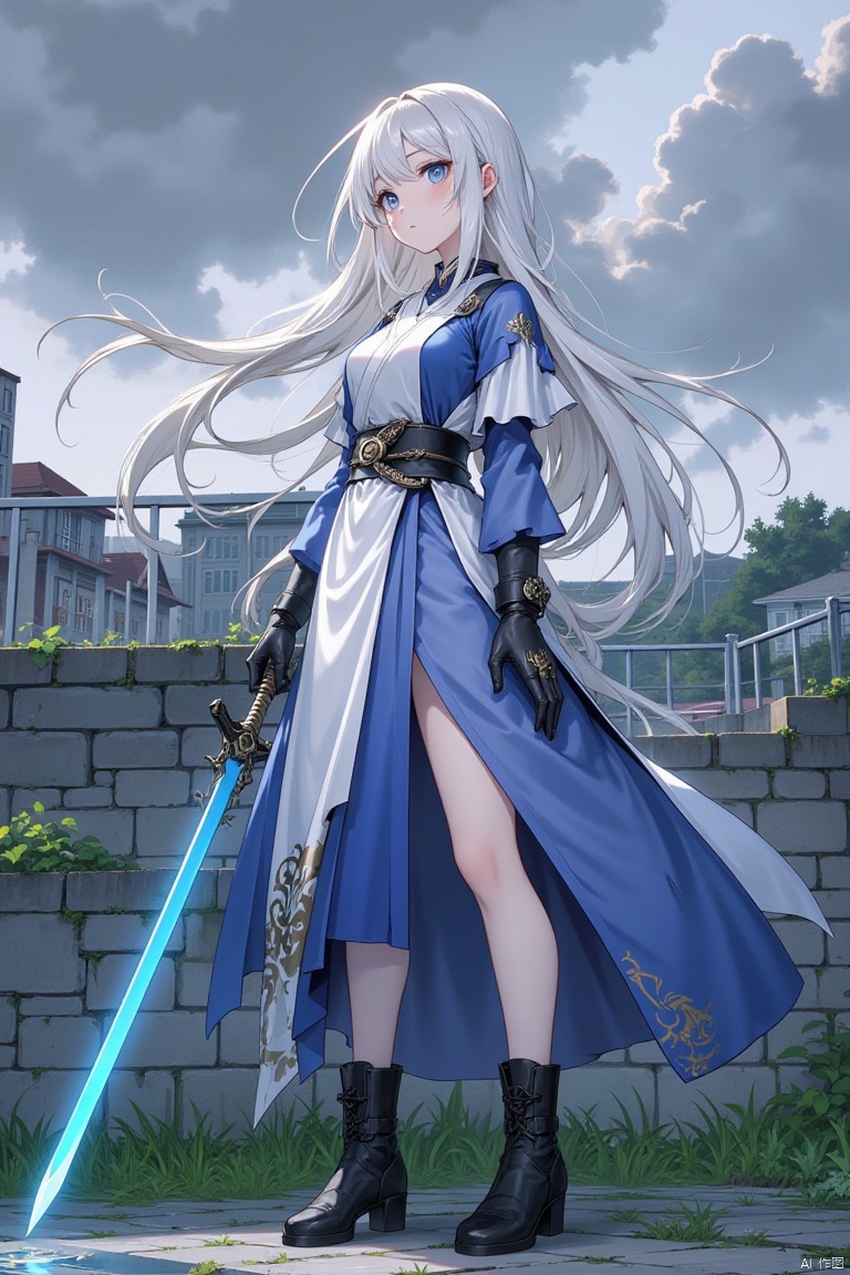An animated image of a girl with long white hair and blue eyes. She is wearing a white and blue dress with a black belt around her waist. She has black boots on her feet and black gloves on her hands. Her hair is blowing in the wind and she is holding a sword in her right hand. The sword is a bright blue color. Behind her is a gray brick wall with green grass growing on it. Behind the wall is a white fence and behind the fence are buildings. The sky is filled with dark gray clouds.