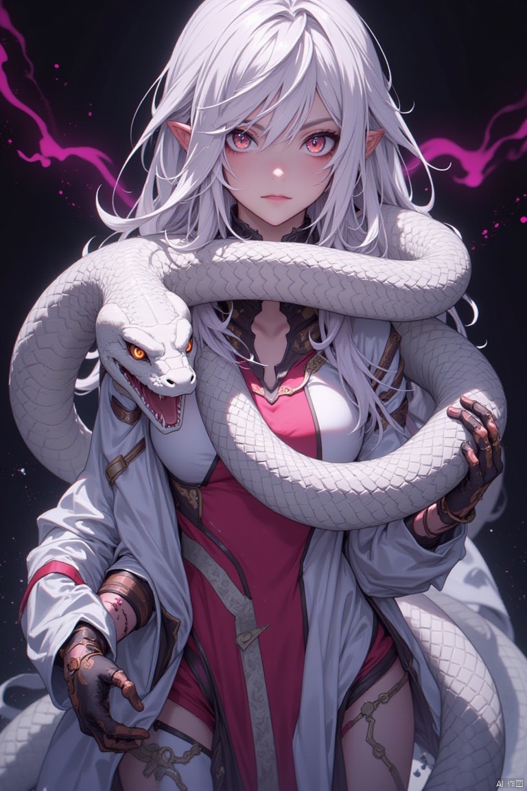 A female character with long white hair and a fierce expression on her face. She is wearing a futuristic outfit with a white and red color scheme. The outfit has a high neckline and long sleeves, and she is holding a large white snake in her hands. The snake is coiled around her body, with its head turned to the side and its mouth open, as if it is roaring. The background is dark and ominous, with a hint of purple and pink. The overall mood of the image is fierce and powerful.
