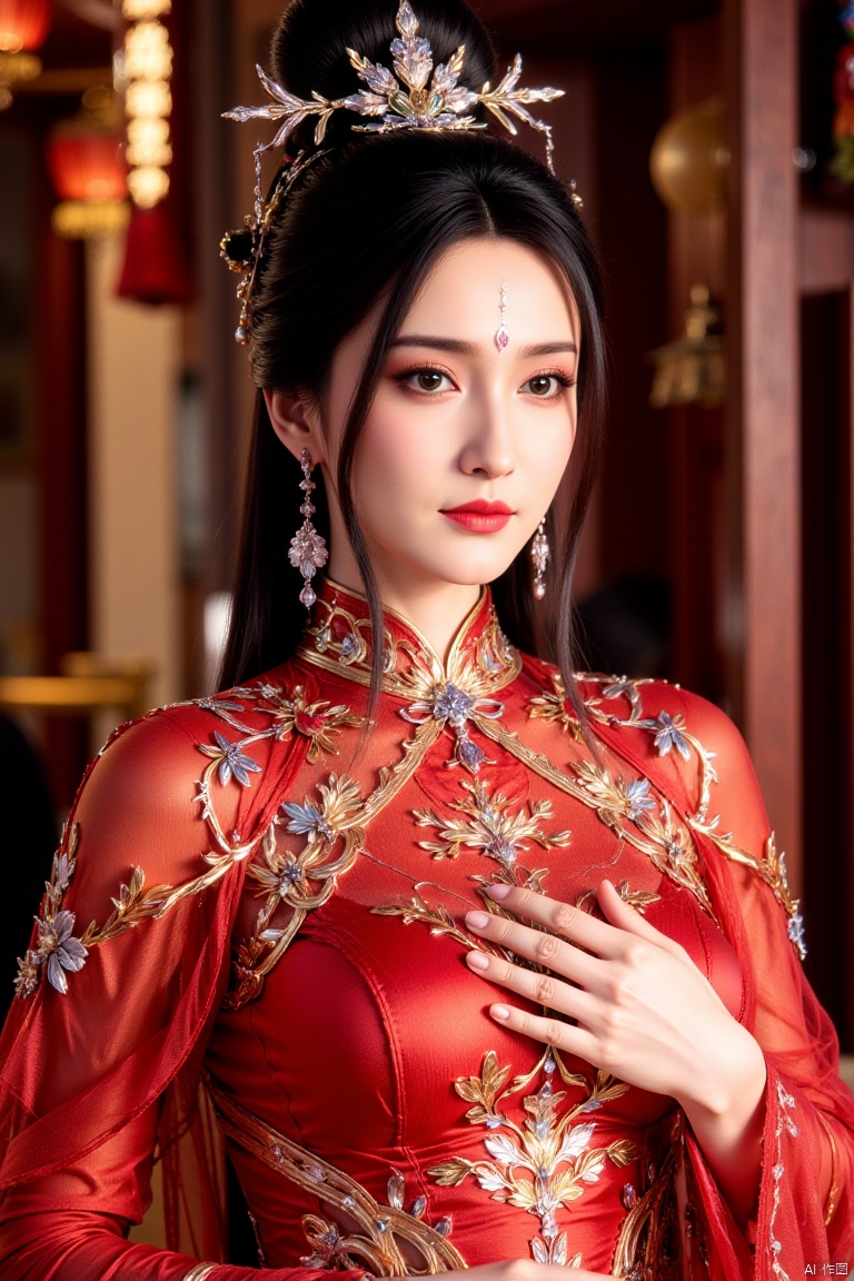 A woman adorned in an elaborate traditional Chinese outfit. She wears a striking red dress with intricate golden embroidery featuring floral patterns. Her hair is styled in a classic Chinese manner,secured with ornate accessories that include jeweled pins and combs. The woman's makeup is reminiscent of ancient Chinese beauty standards,characterized by vibrant red lips and subtle eye shadow. She poses gracefully,her hand lightly touching her chest,conveying a sense of serenity and elegance.,
