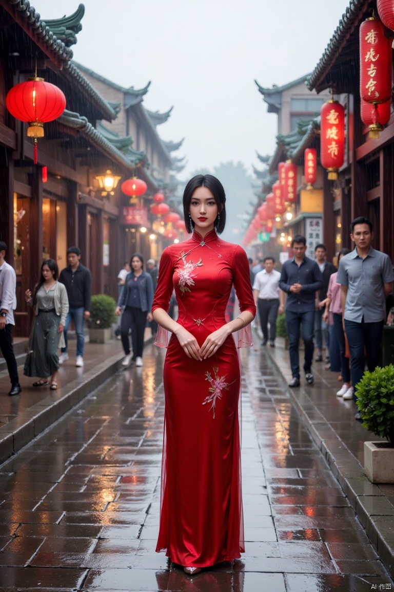 A scene full of Eastern style,featuring a young woman in a red qipao at the center. Her hairstyle is short and neat,and her face is calm. She stands on a wet stone path,with ancient buildings on both sides decorated with red lanterns and signs. The style of these buildings suggests that this may be a historic district. It is raining in the sky,and raindrops are falling,creating a hazy beauty. Behind the woman is a busy street,with people walking and chatting,some busy with their activities. The lights on the street and the rain reflect each other,giving a sense of tranquility and liveliness.,
