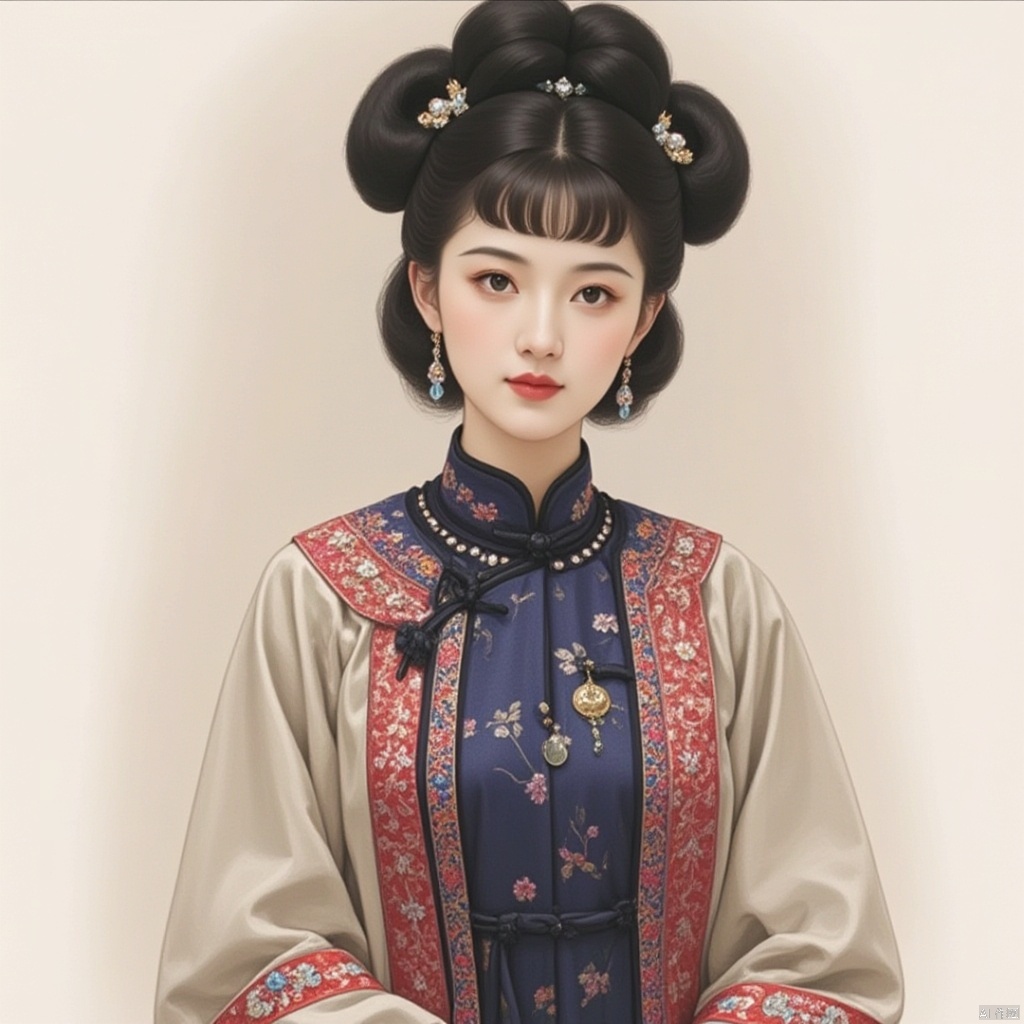1girl, jewelry, solo, earrings, black hair, chinese clothes, upper body, looking at viewer, hair ornament, realistic, single hair bun, black eyes, long sleeves, hair bun, dress