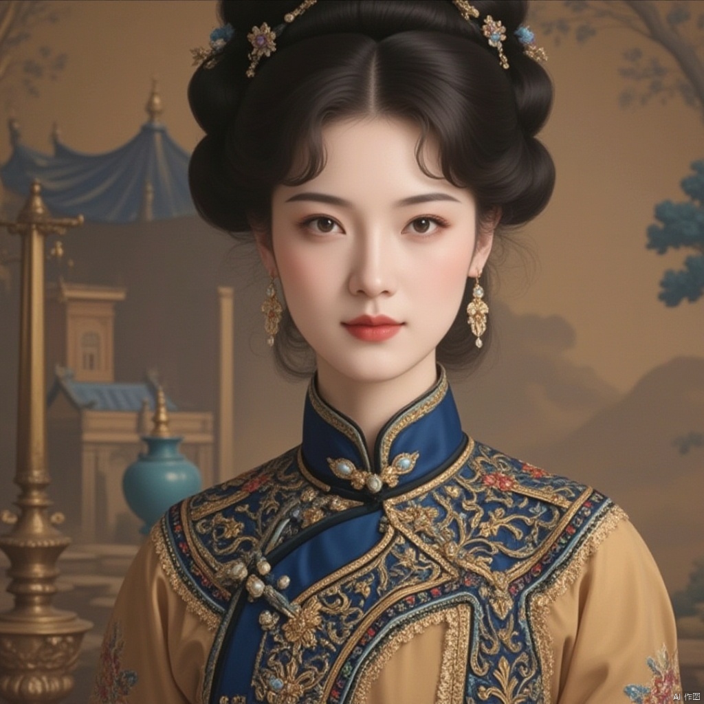 1girl, jewelry, solo, earrings, black hair, chinese clothes, upper body, looking at viewer, hair ornament, realistic, single hair bun, black eyes, long sleeves, hair bun, dress