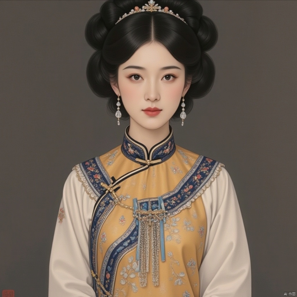 1girl, jewelry, solo, earrings, black hair, chinese clothes, upper body, looking at viewer, hair ornament, realistic, single hair bun, black eyes, long sleeves, hair bun, dress