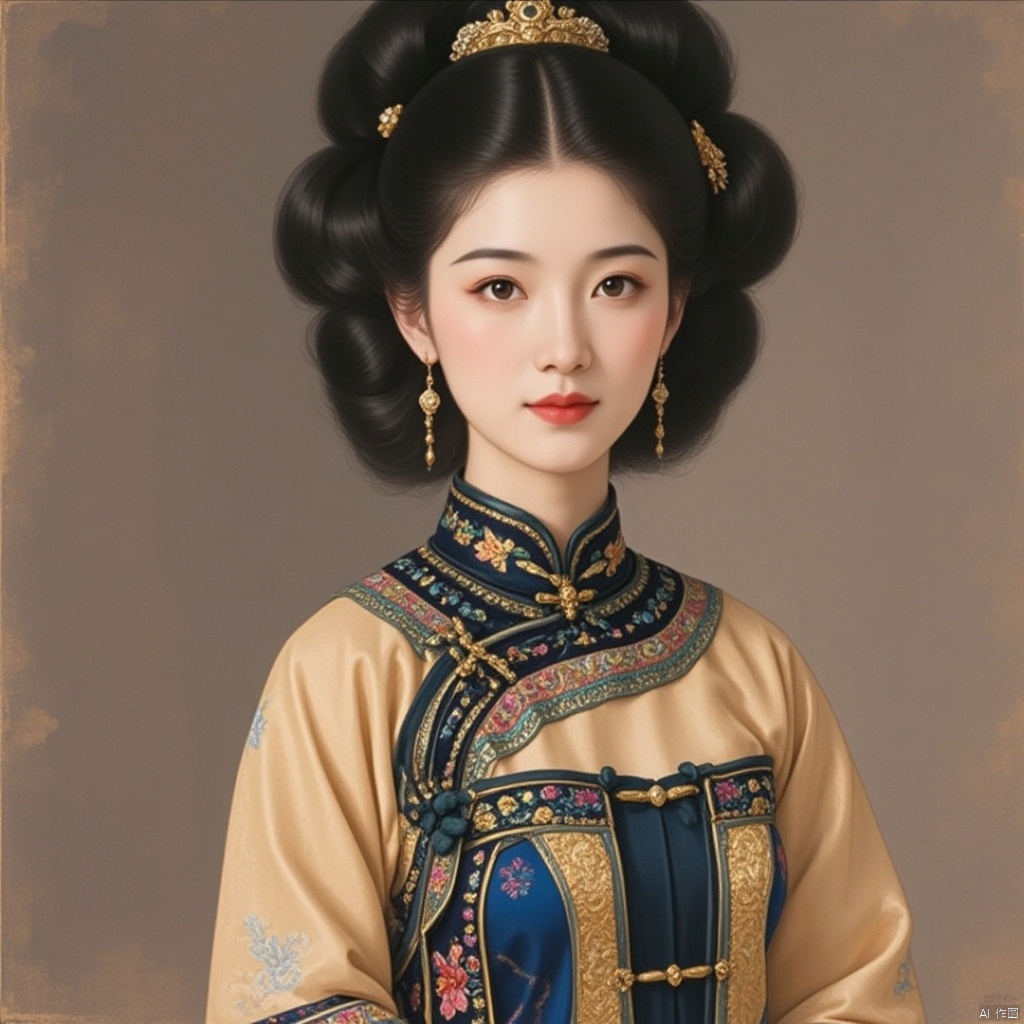 1girl, jewelry, solo, earrings, black hair, chinese clothes, upper body, looking at viewer, hair ornament, realistic, single hair bun, black eyes, long sleeves, hair bun, dress