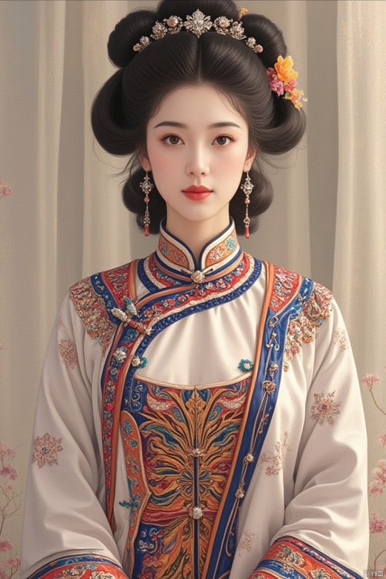 1girl, jewelry, solo, earrings, black hair, looking at viewer, long sleeves, upper body, chinese clothes, flower, hair ornament, updo, black eyes, signature, lips, gem, braid