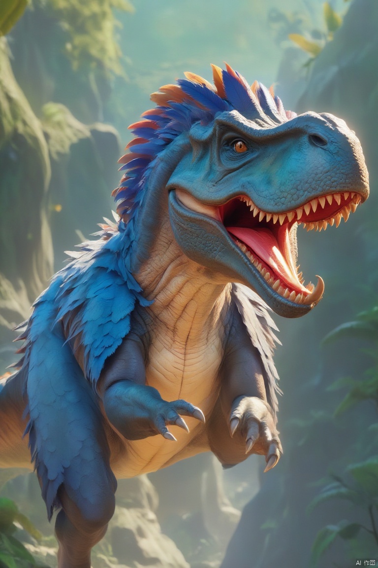 A feathered dinosaur, blue, with its mouth wide open