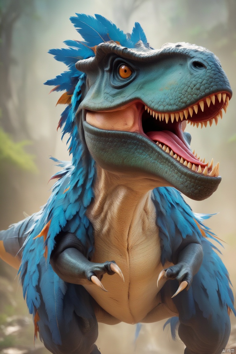 A feathered dinosaur, blue, with its mouth wide open