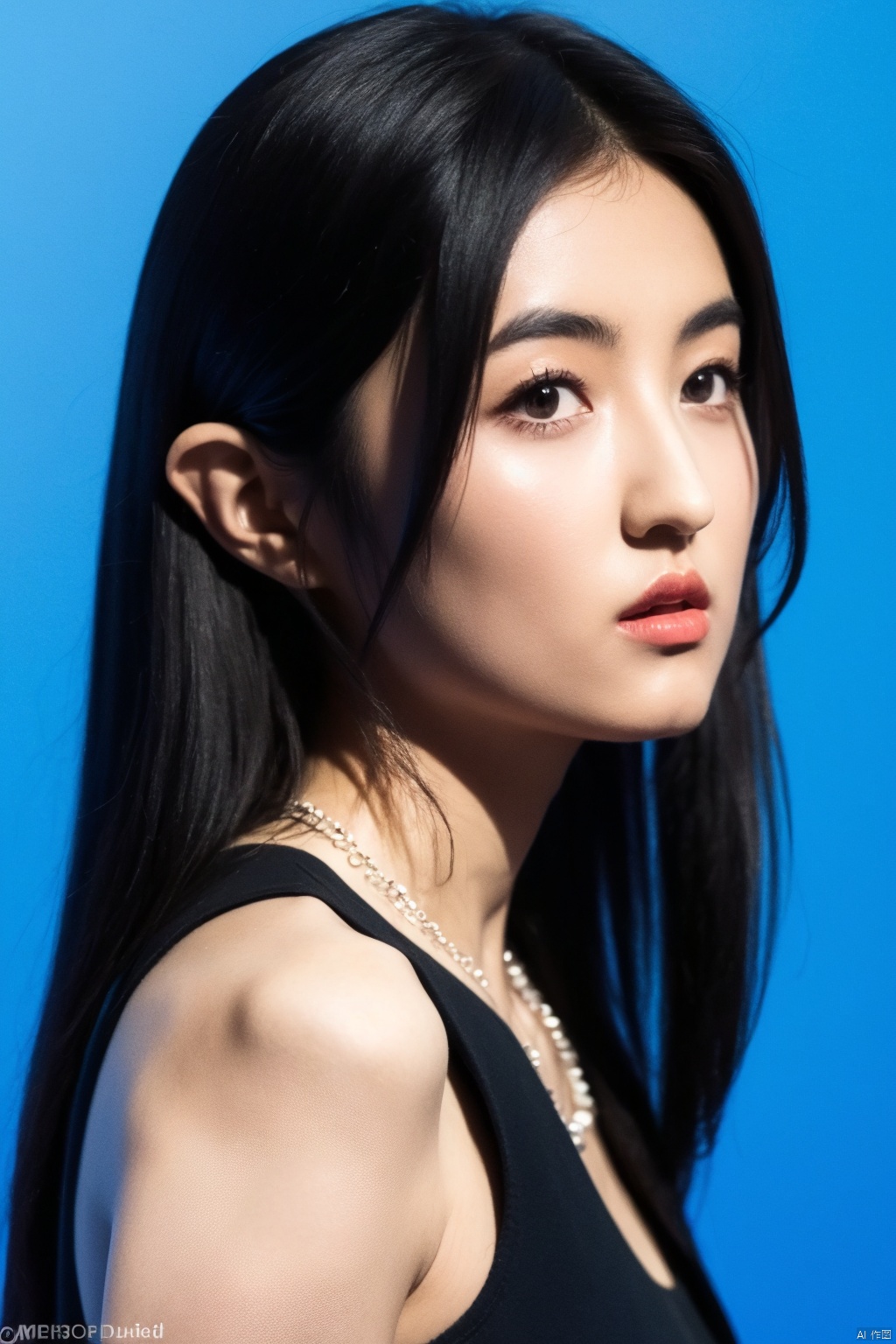 (masterpiece, top quality),best quality,fair skin,(extremely detailed face),((looking at viewer)),1girl,bare shoulders,black hair,black shirt,blue background,(full_shot),closed mouth,jacket,jewelry,lips,long hair,looking at viewer,necklace,parted lips,realistic,shirt,solo,no watermark,
