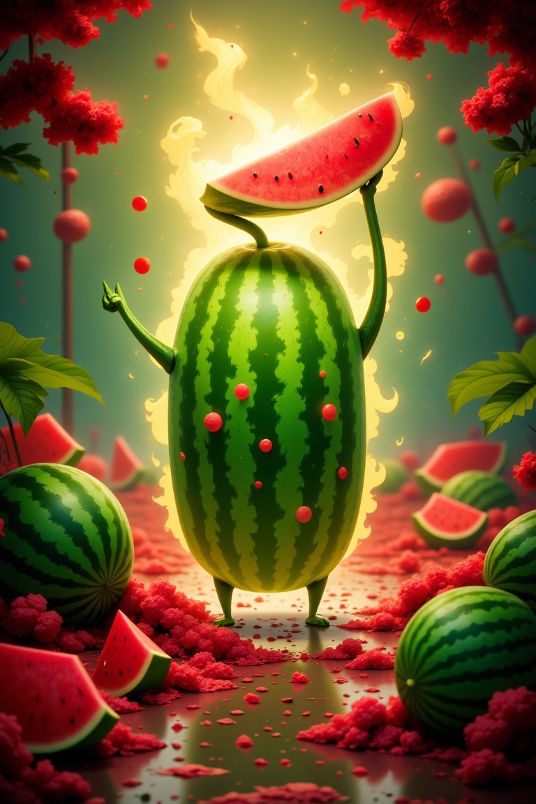 In this whimsical scene,  an anthropomorphic watermelon stands proudly amidst a serene watermelon landscape. The watermelo...