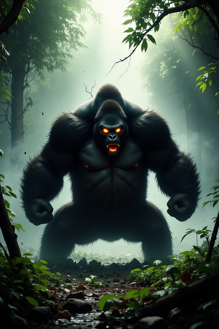 A furious gorilla roars in a misty jungle clearing,  its thick fur ruffled by the humid air. The camera frames the beast's...