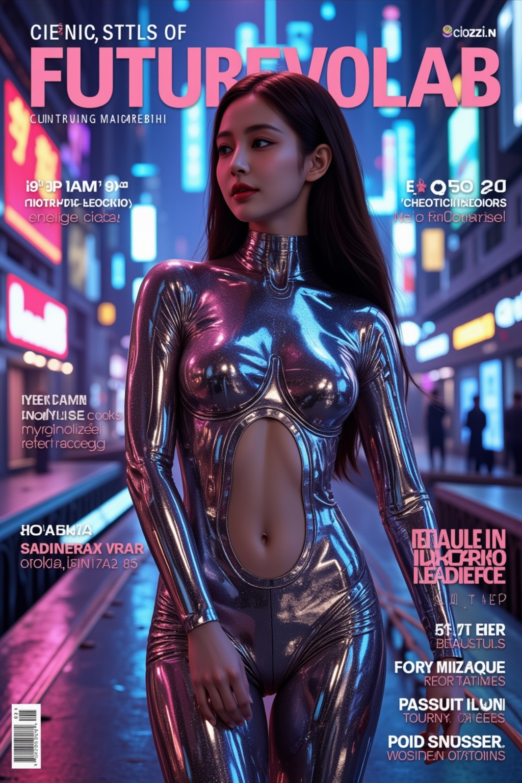 A striking magazine cover featuring a beautiful female android model,  dressed in sleek,  futuristic mechanized armor that...