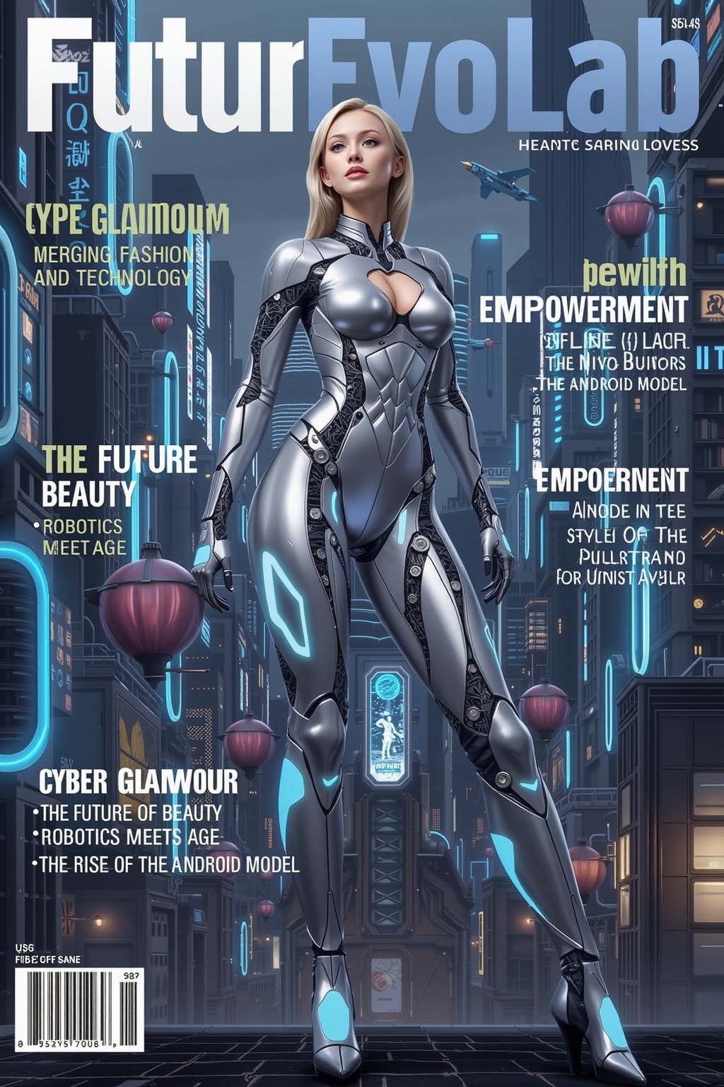 A bold magazine cover featuring a futuristic female android,  her sleek silver armor adorned with intricate glowing circui...