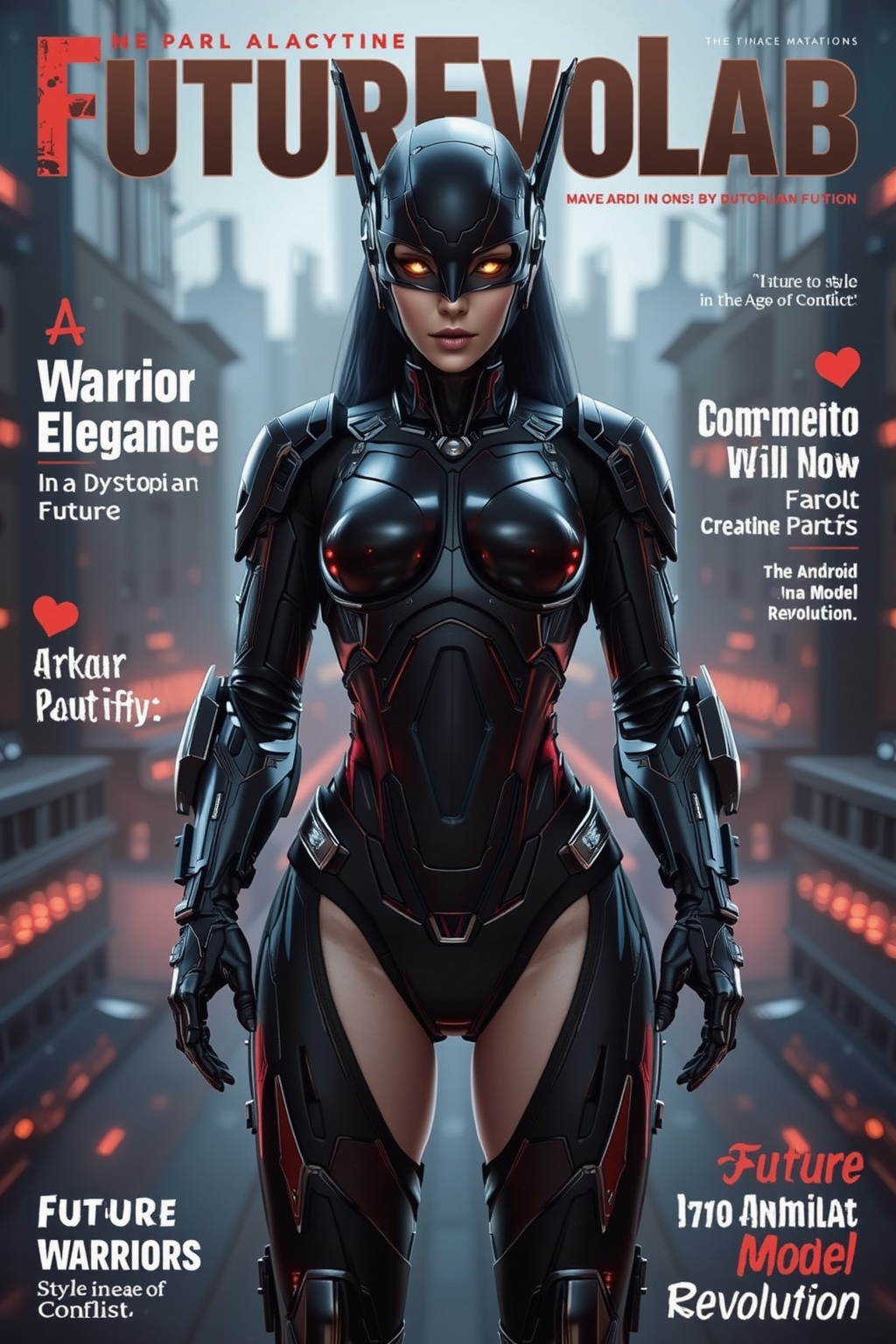 A dynamic magazine cover featuring a female android in sleek,  matte black armor,  designed for both combat and style. Her...