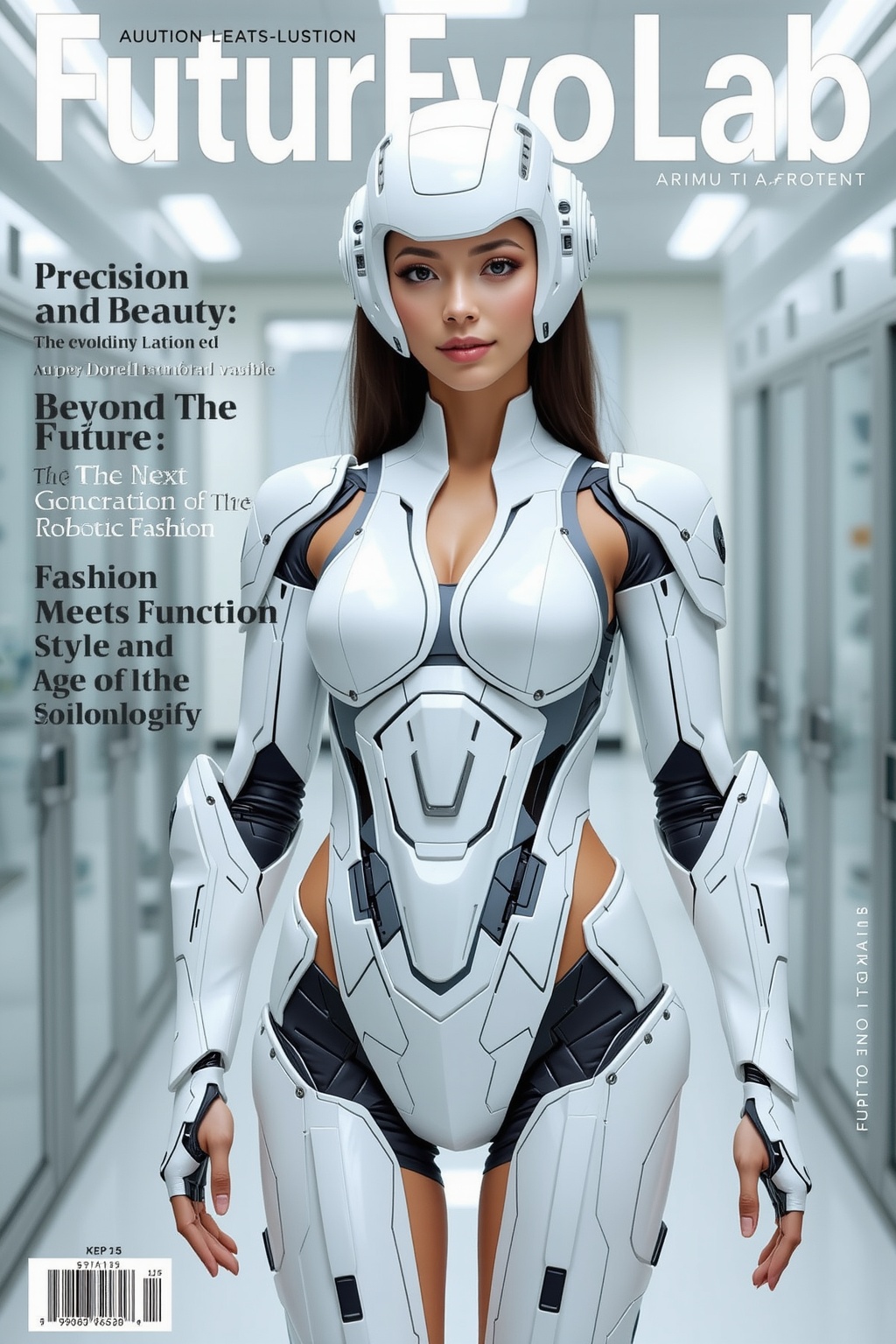 A sleek,  minimalistic magazine cover featuring a beautiful female android model in glossy,  white futuristic armor on Ten...