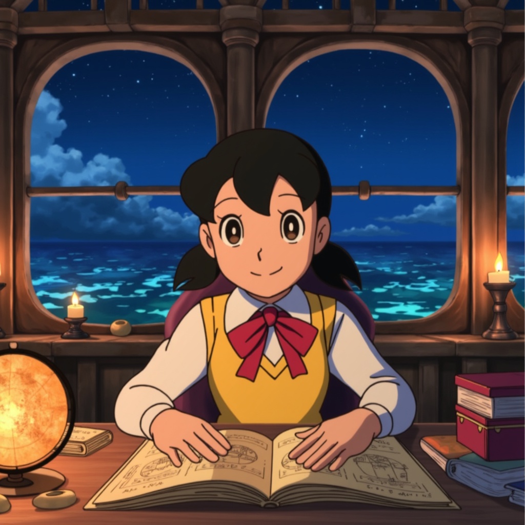 minamoto shizuka,  smile,  Teenage girl navigator studying ancient maps in a grand ship's cabin on Tensor.Art