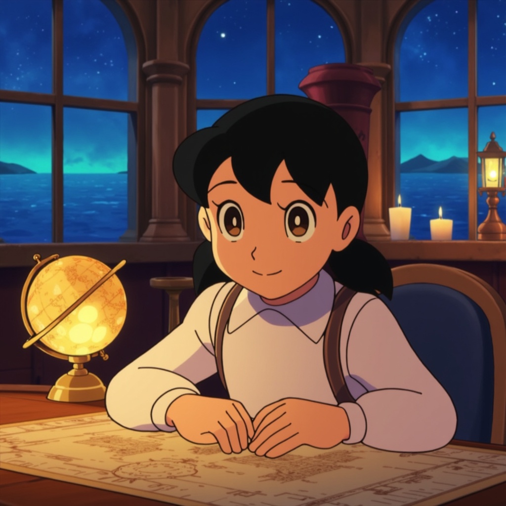 minamoto shizuka,  smile,  Teenage girl navigator studying ancient maps in a grand ship's cabin on Tensor.Art