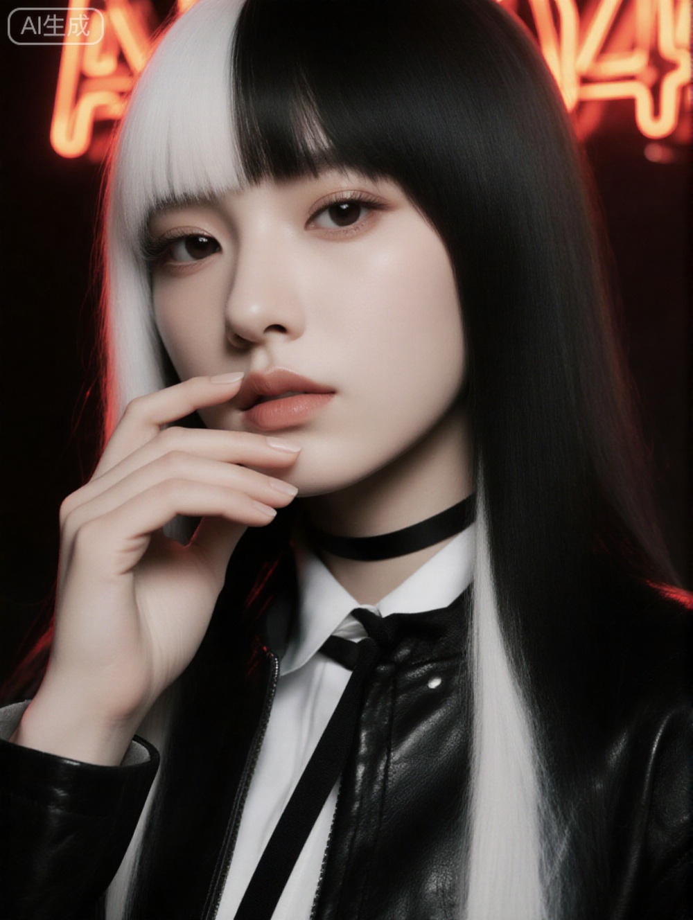 A highly detailed CGI image of a young woman with long, straight, two-toned hair (black and white) and fair skin. She wears a black leather jacket over a white shirt, with a black ribbon around her neck. She has a serious expression, touching her lips with her finger. Background features a glowing, neon-lit A sign.