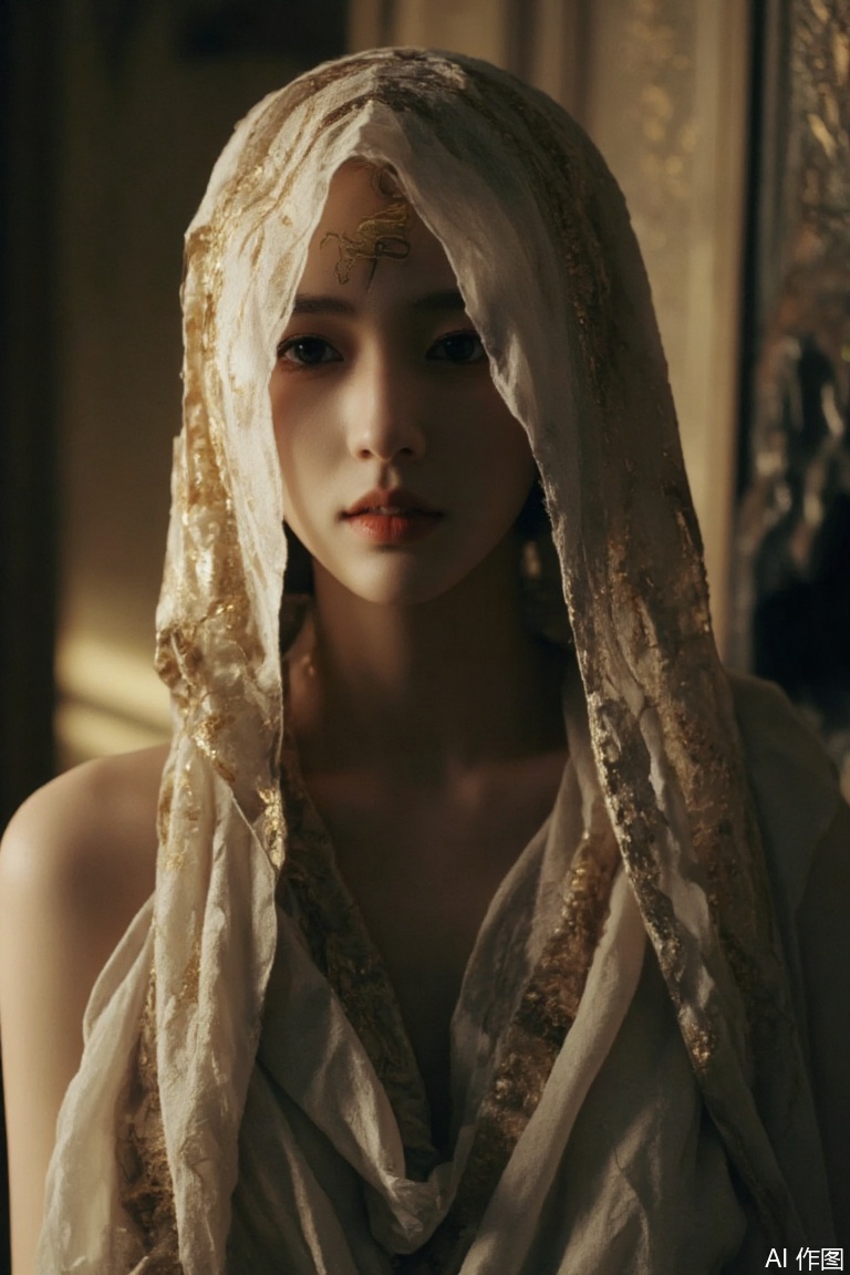 (upper body portrait in a realistic photo style),(striking woman in a white toga with a delicate fabric hood, captured in natural light),(enigmatic beauty, embellished with real gold leaf floral designs),(intricate runes illuminated by soft, radiant light, authentic photo texture),Atmospheric Dread,captured in high-resolution photography with naturalistic colors and lighting,