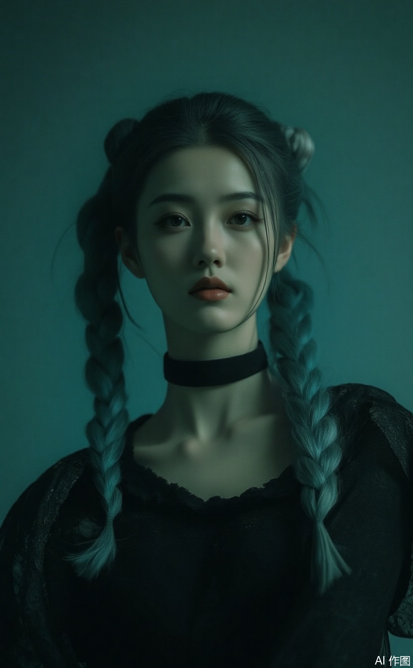 Realistic Jinx Cosplay,The image is a portrait of a young woman with long,blue hair. She is wearing a black t-shirt and a choker necklace. Her hair is styled in two braids that are pulled back into a high ponytail. She has a serious expression on her face and is looking directly at the camera. The background is a gradient of green and blue,creating a striking contrast with the woman's outfit. The overall mood of the image is dark and edgy.,
