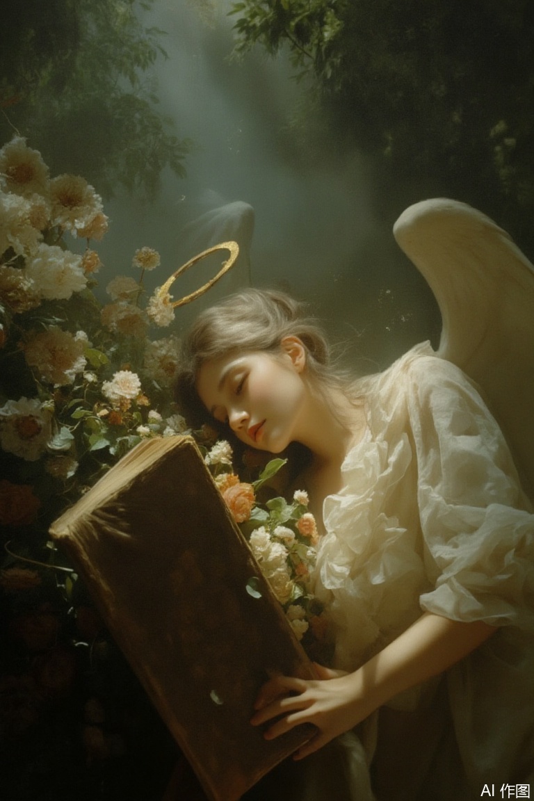 An elegant angel with flowing white robes and a soft halo above her head,lying on her side with golden wings resting gently behind her. In her hands,she cradles a bouquet of delicate flowers and an ancient book,symbolizing knowledge and beauty. The angelâs hair is silver,cascading down her shoulders,and her expression is peaceful and contemplative. Behind her,faint heavenly light streams down,casting soft shadows across the scene. The dark background contrasts with the glowing light of the angel,highlighting her grace and the serene atmosphere of the composition,all painted in the style of a classical oil painting.,
