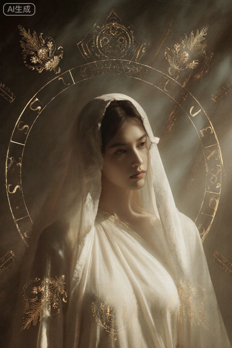 (upper body portrait in a realistic photo style),(striking woman in a white toga with a delicate fabric hood, captured in natural light),(enigmatic beauty, embellished with real gold leaf floral designs),(intricate runes illuminated by soft, radiant light, authentic photo texture),Atmospheric Dread,captured in high-resolution photography with naturalistic colors and lighting,