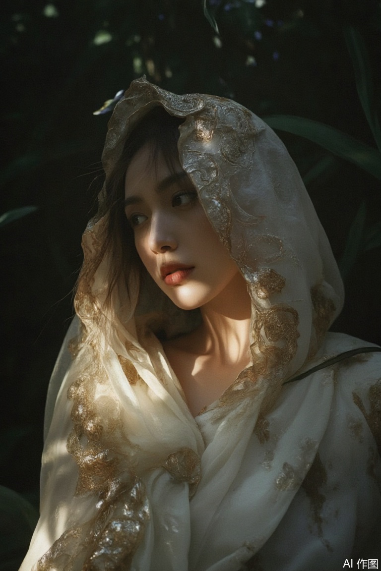 (upper body portrait in a realistic photo style),(striking woman in a white toga with a delicate fabric hood, captured in natural light),(enigmatic beauty, embellished with real gold leaf floral designs),(intricate runes illuminated by soft, radiant light, authentic photo texture),Atmospheric Dread,captured in high-resolution photography with naturalistic colors and lighting,