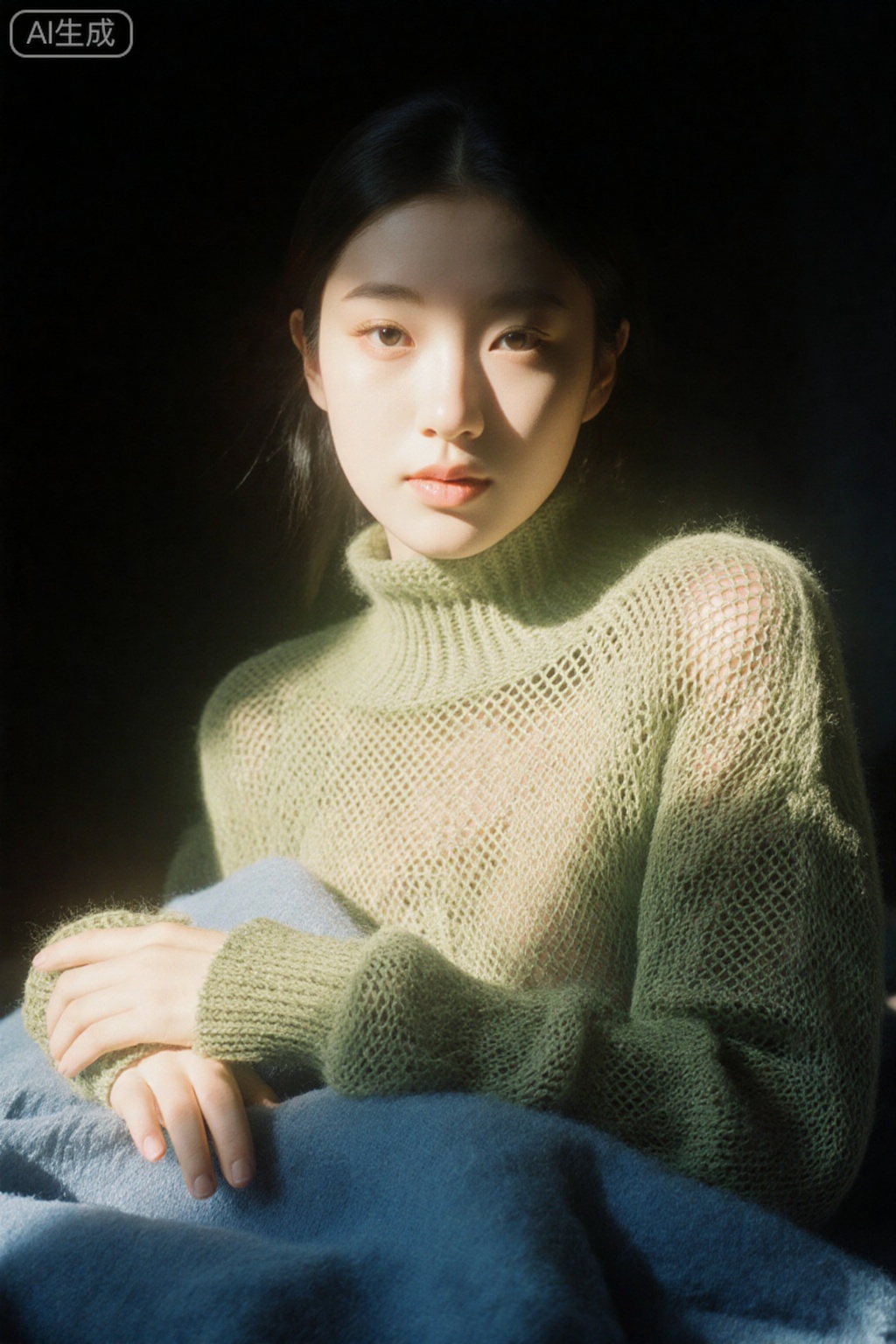 Surrealist art chinese girl,18yo,Portrait Studio,facial,official art,photographic lights,warm light,black background,realistic,solo,Sony A7R IV with Sony FE 85mm f-1.4 GM,Agfa Vista 400,green sweater,a blue blanket,surrealistic,16k image quality,sparse mesh sweater, . Dreamlike, mysterious, provocative, symbolic, intricate, detailed
