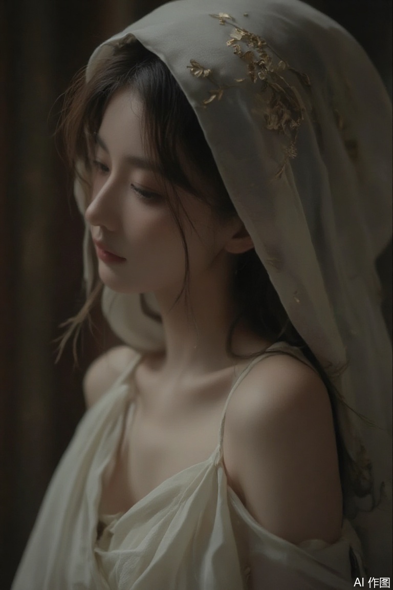 (upper body portrait in a realistic photo style),(striking woman in a white toga with a delicate fabric hood, captured in natural light),(enigmatic beauty, embellished with real gold leaf floral designs),(intricate runes illuminated by soft, radiant light, authentic photo texture),Atmospheric Dread,captured in high-resolution photography with naturalistic colors and lighting,