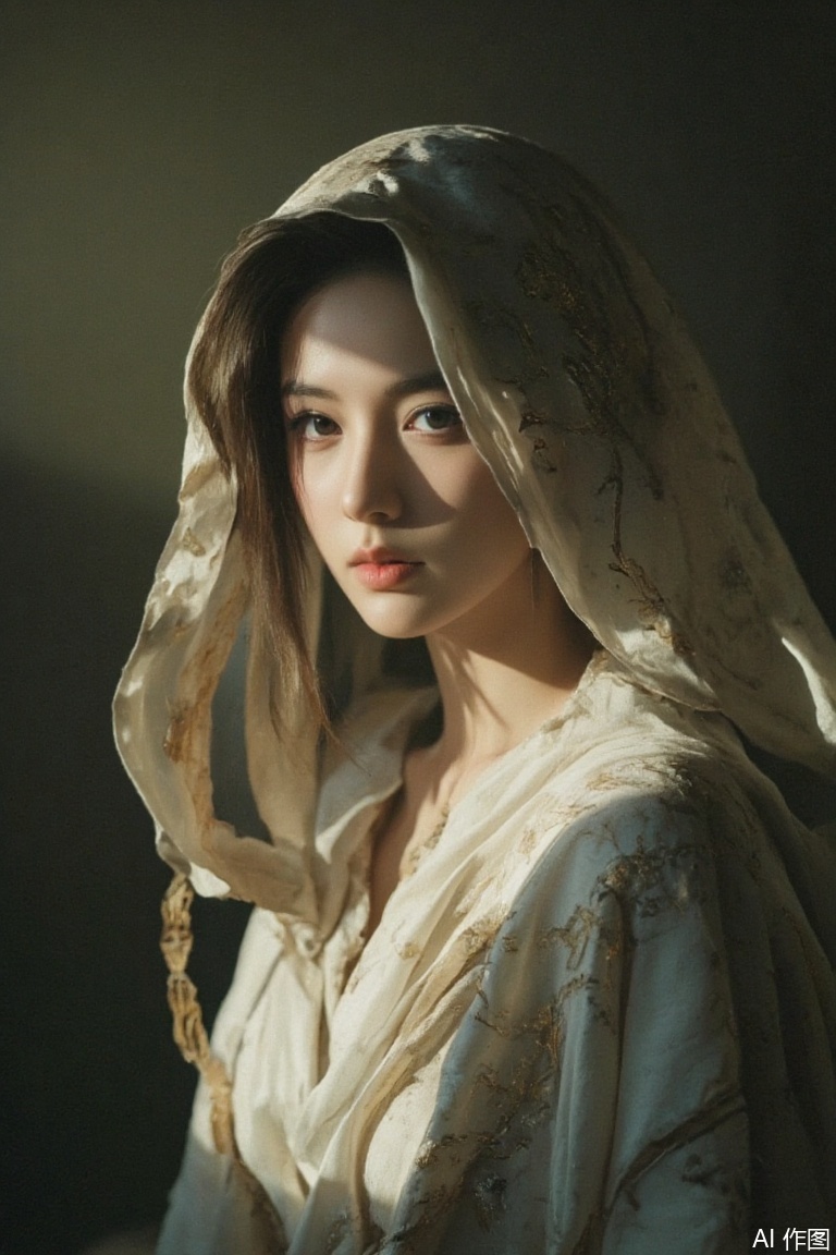 (upper body portrait in a realistic photo style),(striking woman in a white toga with a delicate fabric hood, captured in natural light),(enigmatic beauty, embellished with real gold leaf floral designs),(intricate runes illuminated by soft, radiant light, authentic photo texture),Atmospheric Dread,captured in high-resolution photography with naturalistic colors and lighting,