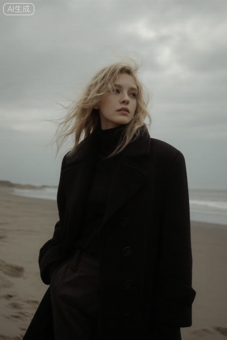 a woman with long    wavy blonde hair stands in front of a blurred backdrop of a sandy beach. She is dressed in a black peacoat    a black shirt and dark pants. Her hair is cascading over her shoulders    adding a pop of color to her face. The sky is a muted gray    with a few wispy clouds in the air. The woman's gaze is directed towards the right side of the frame    creating a stark contrast to the foregroun