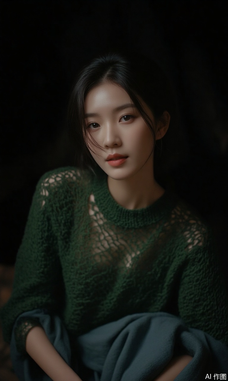 Surrealist art chinese girl,18yo,Portrait Studio,facial,official art,photographic lights,warm light,black background,realistic,solo,Sony A7R IV with Sony FE 85mm f-1.4 GM,Agfa Vista 400,green sweater,a blue blanket,surrealistic,16k image quality,sparse mesh sweater, . Dreamlike, mysterious, provocative, symbolic, intricate, detailed