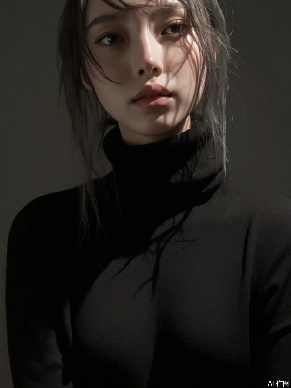 breathtaking instagram photo, photo of 23 y.o Chloe in black sweater, cleavage, pale skin, (smile:0.4), hard shadows . award-winning, professional, highly detailed